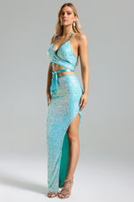 Load image into Gallery viewer, Werko Sequins Strappy Slit Dress