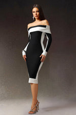 Load image into Gallery viewer, Mattey Off-The-Shoulder Long Sleeves Stripes Bandage Midi Dress