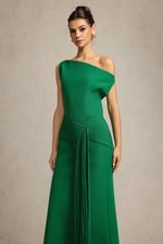 Load image into Gallery viewer, Paulina Oblique Shoulder Sleeveless Folds Green Midi Dress