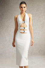 Load image into Gallery viewer, Viane Halter Cut Out Metal Buckle Bandage Midi Dress