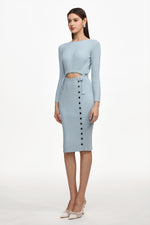 Load image into Gallery viewer, Viomo Chic Contour Round Neck Long Sleeve Buttoned Knit Midi Dress