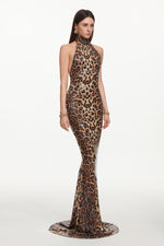 Load image into Gallery viewer, Myka Glamorous Contour Halter Leopard Print Sequin Maxi Dress