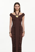 Load image into Gallery viewer, Devere Elegant Contour Sleeveless Ruched Knit Brown Maxi Dress