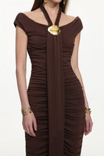 Load image into Gallery viewer, Devere Elegant Contour Sleeveless Ruched Knit Brown Maxi Dress