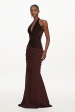 Load image into Gallery viewer, Theodora Chic Contour V Neck Halter Ruched Sequin Maxi Dress