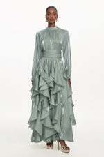 Load image into Gallery viewer, Grasa Elegant Flowy Long Sleeve Pleated Ruffle Maxi Dress