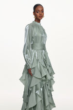 Load image into Gallery viewer, Grasa Elegant Flowy Long Sleeve Pleated Ruffle Maxi Dress