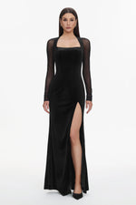 Load image into Gallery viewer, Rae Elegant Contour Long Sleeve High Slit Velvet Maxi Dress
