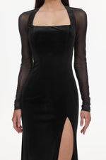 Load image into Gallery viewer, Rae Elegant Contour Long Sleeve High Slit Velvet Maxi Dress