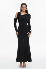 Load image into Gallery viewer, Luysa Elegant Contour One Shoulder Ruched Knit Black Maxi Dress