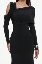 Load image into Gallery viewer, Luysa Elegant Contour One Shoulder Ruched Knit Black Maxi Dress
