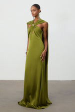 Load image into Gallery viewer, Olive Green Satin Cape Column Gown