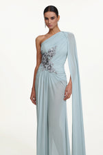 Load image into Gallery viewer, Kaylee Elegant Flowy One Shoulder Sequin Embroidered Ruched Mesh Maxi Dress