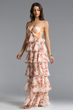 Load image into Gallery viewer, Valerie Romantic Flowy Halter Ruffle Sequin Print Maxi Dress
