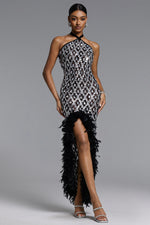 Load image into Gallery viewer, Raola Glamorous Contour Halter Rhinestone Sequin Feather Maxi Dress