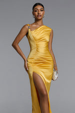 Load image into Gallery viewer, Marcella Chic Contour Asymmetrical Pleated Satin Maxi Dress