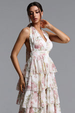 Load image into Gallery viewer, Silas Romantic Flowy Halter Deep V Tiered Ruffle Floral Print Maxi Dress