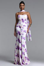 Load image into Gallery viewer, Olivia Romantic Contour Strapless Scarf Ruched Floral Print Mesh Maxi Dress