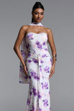 Load image into Gallery viewer, Olivia Romantic Contour Strapless Scarf Ruched Floral Print Mesh Maxi Dress