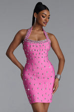Load image into Gallery viewer, Manik Glamorous Contour Halter Rhinestone Bandage Pink Mini Dress