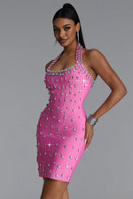 Load image into Gallery viewer, Manik Glamorous Contour Halter Rhinestone Bandage Pink Mini Dress