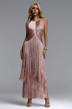 Load image into Gallery viewer, Taye Classic Contour Halter Fringe Bandage Pink Maxi Dress