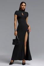 Load image into Gallery viewer, Saturn Chic Contour Short Sleeve Zipper Front Cut Out Knit Maxi Dress