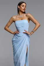 Load image into Gallery viewer, Tazeda Elegant Contour Strapless Ruched Mesh Maxi Dress