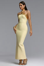 Load image into Gallery viewer, Riza Chic Contour Halter Rhinestone Bandage Yellow Maxi Dress