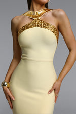 Load image into Gallery viewer, Riza Chic Contour Halter Rhinestone Bandage Yellow Maxi Dress