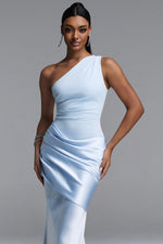 Load image into Gallery viewer, Ogani Elegant Contour One Shoulder Pleated Satin Maxi Dress