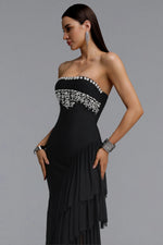 Load image into Gallery viewer, Ella Dynamic Contour Strapless Floral Leaf Rhinestone Asymmetric Mesh Bandage Midi Dress