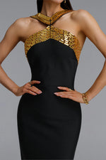 Load image into Gallery viewer, Riza Chic Contour Halter Rhinestone Bandage Gold Maxi Dress