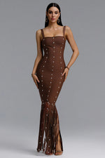 Load image into Gallery viewer, Leah Sleeveless Diamond Tassel Bandage Brown Maxi Dress