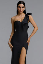 Load image into Gallery viewer, Winnie Minimal Contour One Shoulder Ruffle High Slit Bandage Midi Dress