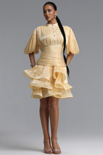 Load image into Gallery viewer, Fagra Resort Flowy Puff Sleeve Ruffle Shimmer Satin Mini Dress