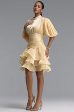 Load image into Gallery viewer, Fagra Resort Flowy Puff Sleeve Ruffle Shimmer Satin Mini Dress