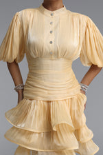 Load image into Gallery viewer, Fagra Resort Flowy Puff Sleeve Ruffle Shimmer Satin Mini Dress