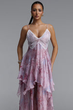 Load image into Gallery viewer, Yuni Resort Flowy Spaghetti Strap Lace Trimmed Asymmetric Ruffle Woven Maxi Dress