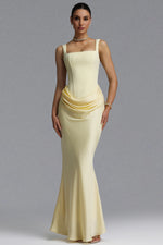 Load image into Gallery viewer, Winey Elegant Waist-Cinching Square Neck Thin Strap Boned Fitted Draped Ruched Satin Mermaid Maxi Evening Dress