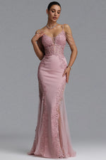 Load image into Gallery viewer, Encho Elegant Waist-Cinching Thin Strap V-Neck Off-Shoulder Tassel Lace Floral Mesh Bodycon Mermaid Maxi Evening Dress
