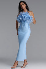 Load image into Gallery viewer, Wenie Gentle Feather Off Shoulder Tassel Bandage Maxi Dress