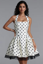 Load image into Gallery viewer, Rizza Classic Tailored Square Neck Lace Trimmed Polka DotWoven Mini Dress