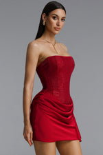 Load image into Gallery viewer, Janiyah Vintage Contour Strapless Crystal Ruched Sash Red Mini Dress