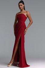 Load image into Gallery viewer, Tazeda Elegant Contour Strapless Ruched Mesh Red Maxi Dress