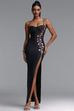 Load image into Gallery viewer, Gacia Elegant Fitted One Shoulder Color Rhinestone Slit Maxi Bandage Dress