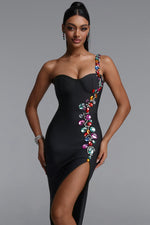 Load image into Gallery viewer, Gacia Elegant Fitted One Shoulder Color Rhinestone Slit Maxi Bandage Dress