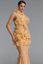 Load image into Gallery viewer, Rayna Elegant Contour High Neck Floral Mesh Beige Maxi Dress