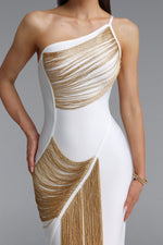Load image into Gallery viewer, Roanna One Shoulder Sleeveless Golden Tassels Bandage White Maxi Dress