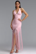 Load image into Gallery viewer, Emma Chic Contour V Neck Sleeveless Fringe Pink Bandage Maxi Dress